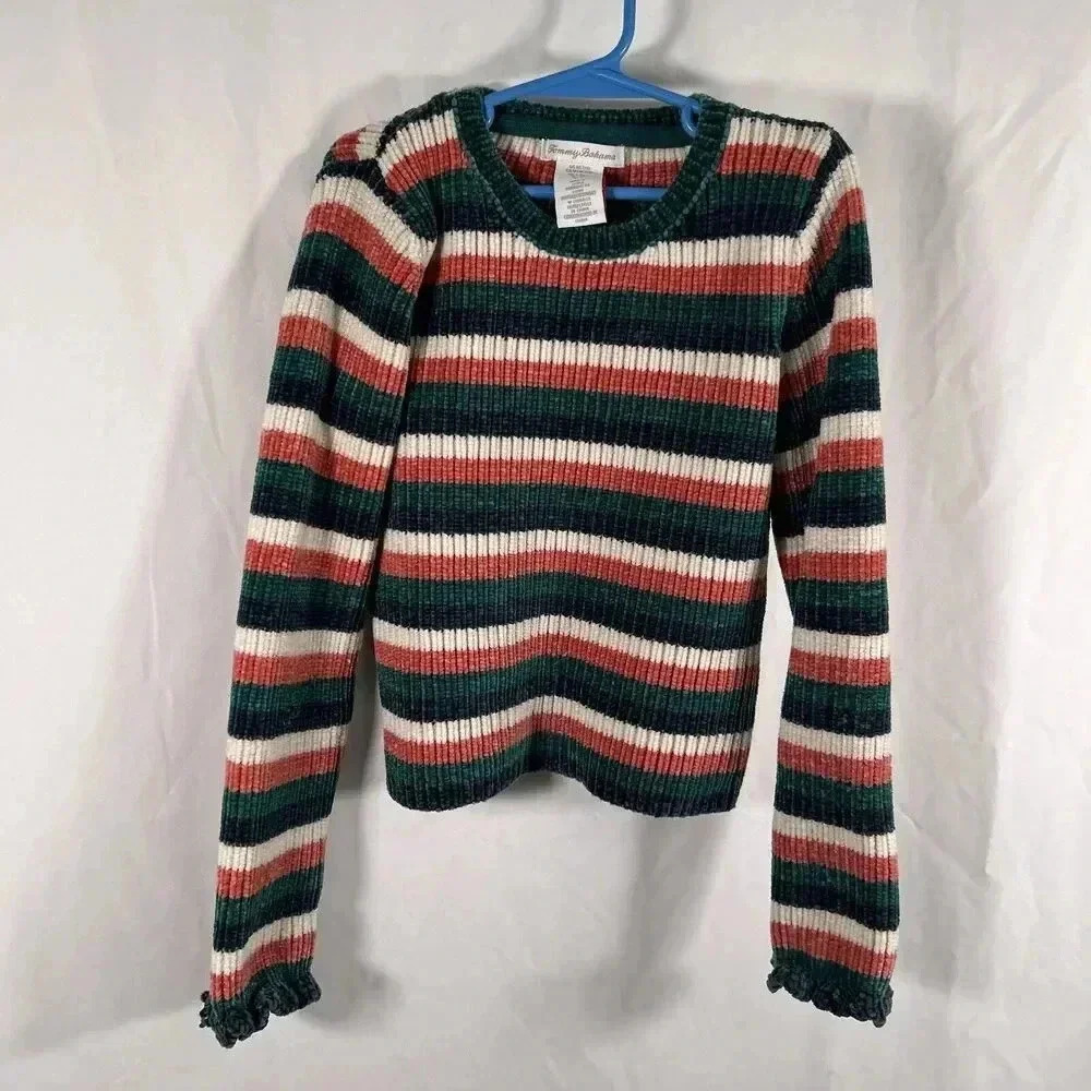 Tommy Bahama Sweater Girls Medium 7-8 Green Orange Striped Crew Neck Long Sleeve
